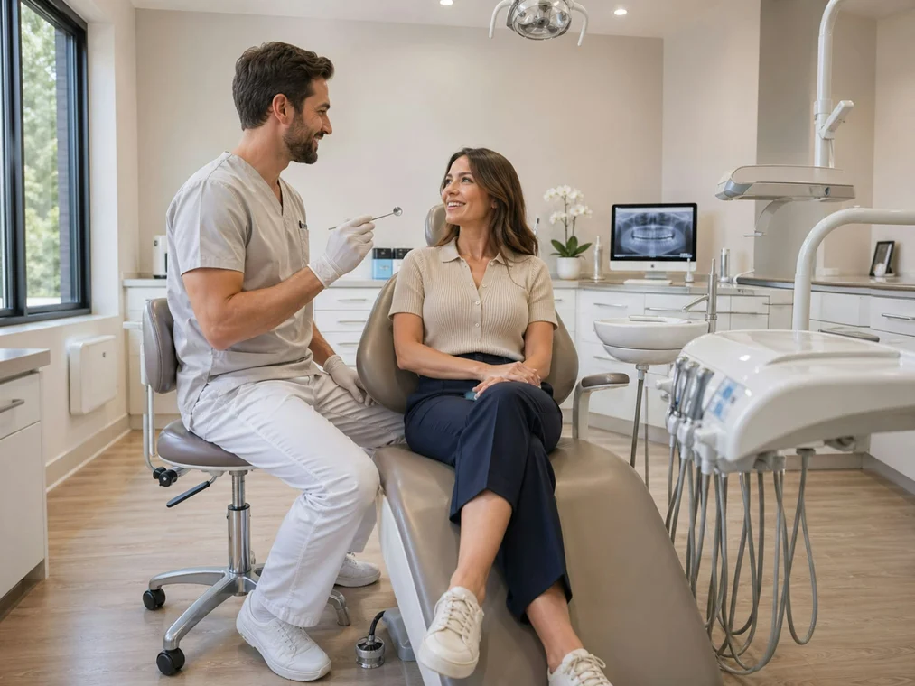 Dentist chatting with a smiling patient in a bright, modern surgery